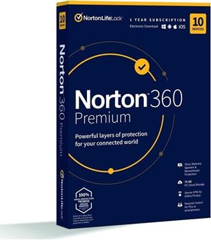 Obrázek NORTON 360 PREMIUM, cloudové úložiště 75GB, 1 uživatel, 10 zařízení, 2 roky, elektronicky